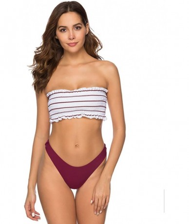 Sets Women's 2 Pieces Bandeau Bikini Swimsuits Off Shoulder High Waist Bathing Suit High Cut - Small Wine Strip - CA18QQE8OOA...