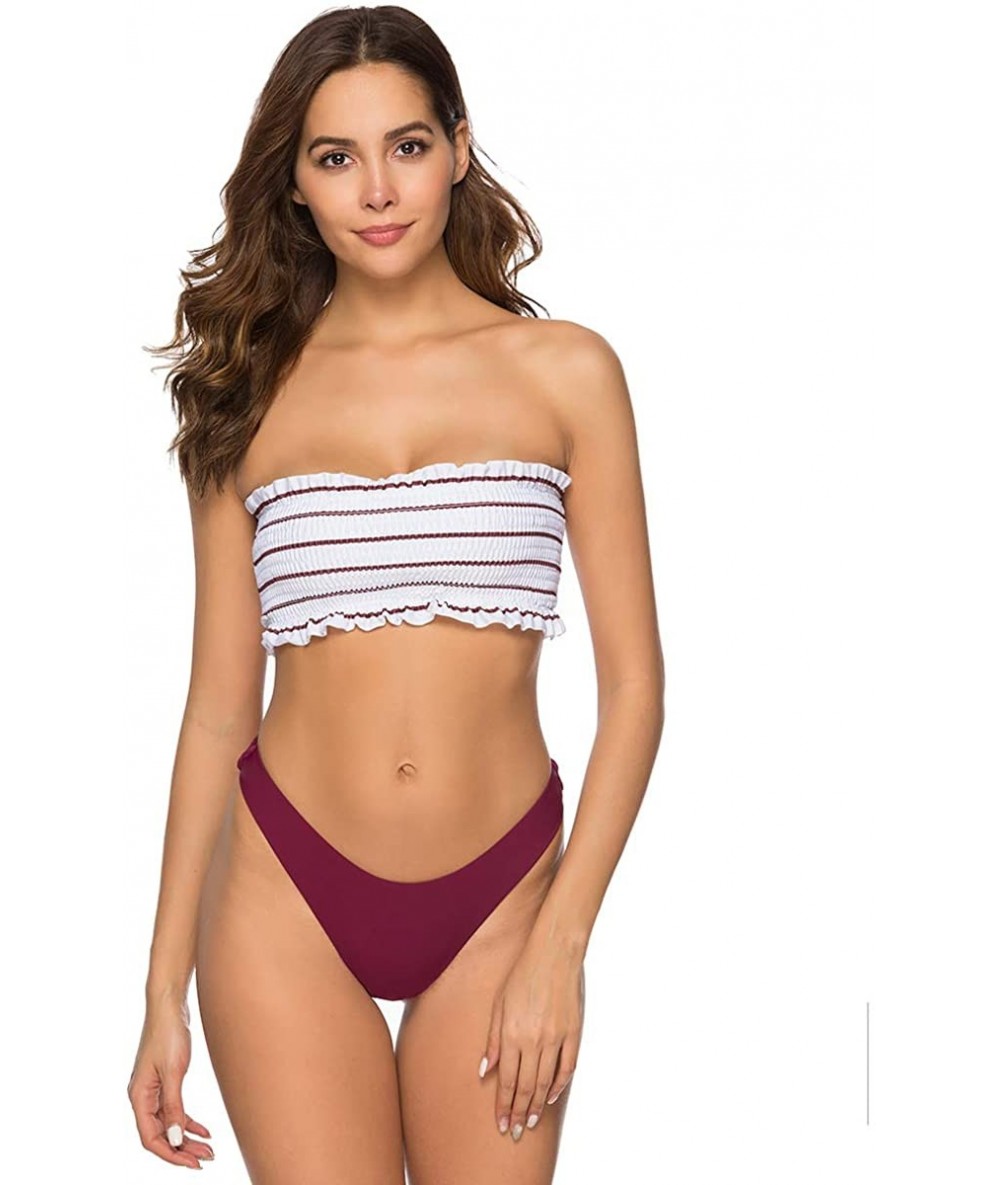 Sets Women's 2 Pieces Bandeau Bikini Swimsuits Off Shoulder High Waist Bathing Suit High Cut - Small Wine Strip - CA18QQE8OOA...