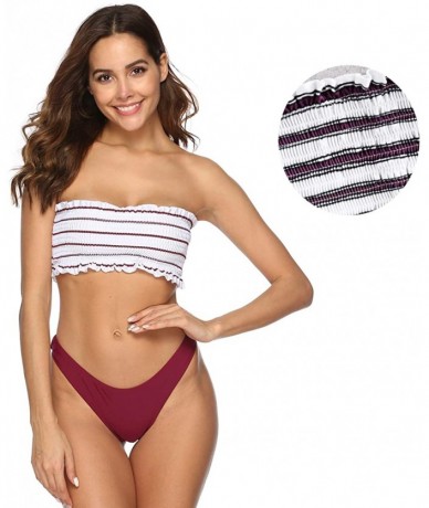 Sets Women's 2 Pieces Bandeau Bikini Swimsuits Off Shoulder High Waist Bathing Suit High Cut - Small Wine Strip - CA18QQE8OOA...