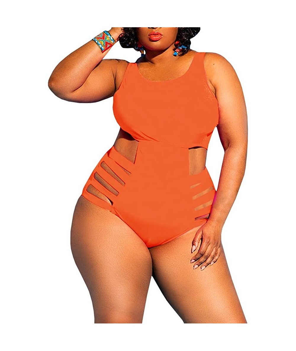 One-Pieces Womens Plus Size Cutout Swimsuit One Piece High Waisted Swimwear Bandage Tummy Control Monokini - Orange - CP18QI6...