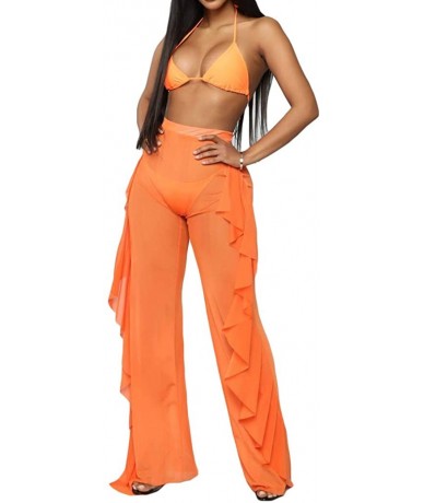 Cover-Ups Women's Perspective See Through Sheer Mesh Ruffle Pants Swimsuit Bikini Bottom Cover up - Orange - CU18QN8SGA5 $22.51