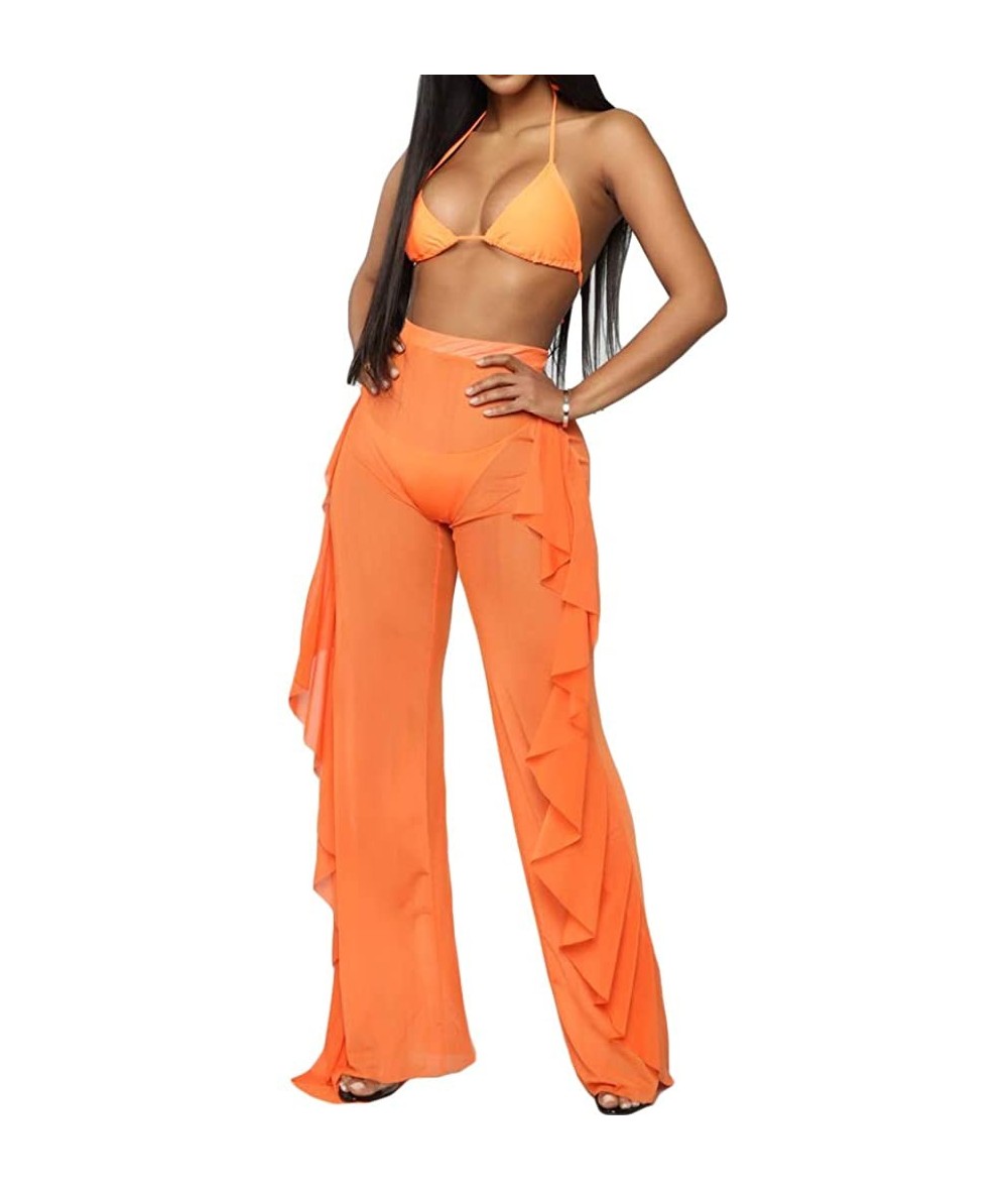 Cover-Ups Women's Perspective See Through Sheer Mesh Ruffle Pants Swimsuit Bikini Bottom Cover up - Orange - CU18QN8SGA5 $22.51