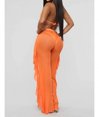 Cover-Ups Women's Perspective See Through Sheer Mesh Ruffle Pants Swimsuit Bikini Bottom Cover up - Orange - CU18QN8SGA5 $22.51