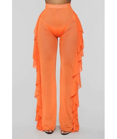 Cover-Ups Women's Perspective See Through Sheer Mesh Ruffle Pants Swimsuit Bikini Bottom Cover up - Orange - CU18QN8SGA5 $22.51