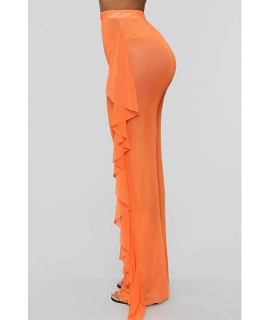 Cover-Ups Women's Perspective See Through Sheer Mesh Ruffle Pants Swimsuit Bikini Bottom Cover up - Orange - CU18QN8SGA5 $22.51