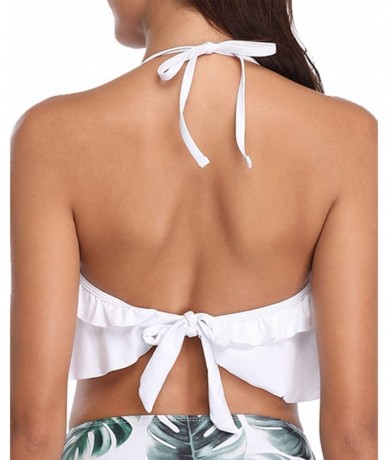 Tops Women Ruffled Halter Bikini Top Backless Flounce Falbala Padded Swimsuit Top - White - CV1926UUU2W $29.89