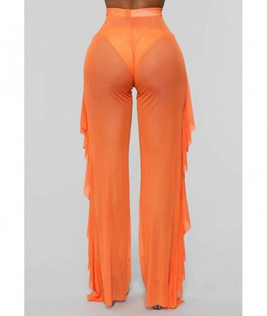 Cover-Ups Women's Perspective See Through Sheer Mesh Ruffle Pants Swimsuit Bikini Bottom Cover up - Orange - CU18QN8SGA5 $22.51