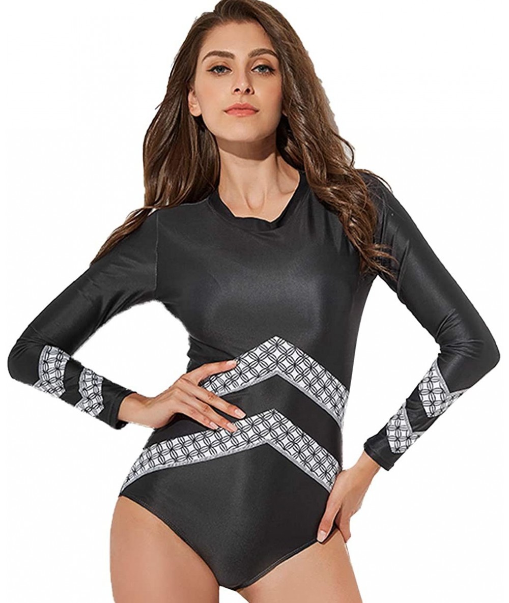 One-Pieces Women's Floral Long Sleeve Rashguard Swimwear One Piece Monokini Bathing Suit - 4 Black & V Shaped - CR18QCX2DCD $...