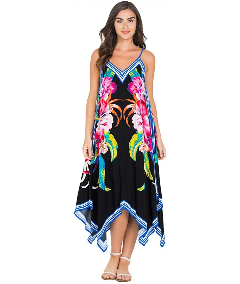 Cover-Ups Bohemian Printed V Neck Spaghetti Strap Drawstrings Beach Party Maxi Dress - 5967ctm_black - CH19C50G905 $57.13