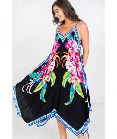 Cover-Ups Bohemian Printed V Neck Spaghetti Strap Drawstrings Beach Party Maxi Dress - 5967ctm_black - CH19C50G905 $57.13