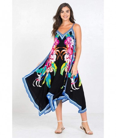 Cover-Ups Bohemian Printed V Neck Spaghetti Strap Drawstrings Beach Party Maxi Dress - 5967ctm_black - CH19C50G905 $57.13