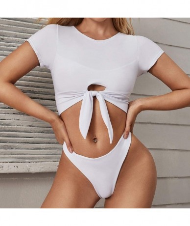 Sets Women's Sexy V-Neck Solid Bikini Set Short Sleeve Tie Knot Top Thong Swimsuit Beachwear White - Zb-white - CV1962YLLNA $...