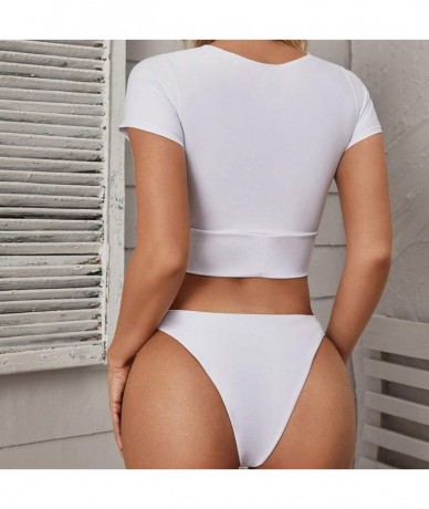 Sets Women's Sexy V-Neck Solid Bikini Set Short Sleeve Tie Knot Top Thong Swimsuit Beachwear White - Zb-white - CV1962YLLNA $...