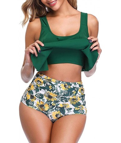 Tankinis High Waisted Bikini Swimsuits for Women Retro Ruffled Flounce Swimwear Two Piece Tankini Bathing Suits A greenflower...