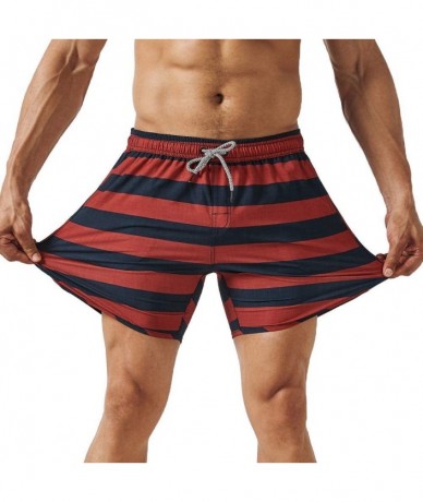 Trunks Mens Quick Dry Solid 4 Way Stretch Swim Trunks Mesh Lining Swimwear Bathing Suits - Wine Striped - CH18T720WG9 $43.09