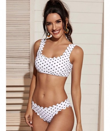 Sets Women's 2 Pieces Swimsuit High Waist Scalloped Trim Lace Up Bikini Set - White - C8195GIM96W $17.98