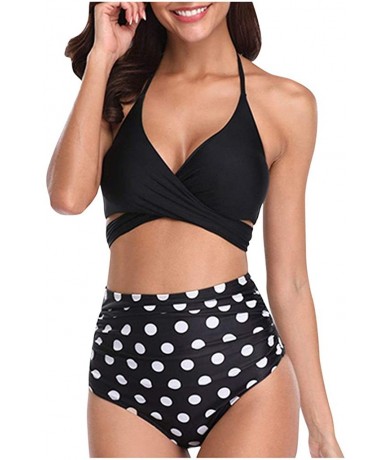 Board Shorts Women Swimsuit Halter Bandage Wrap Bikini Set Push-Up Ruched High Waist Swimwear - Black - CN1952LYA7X $26.80