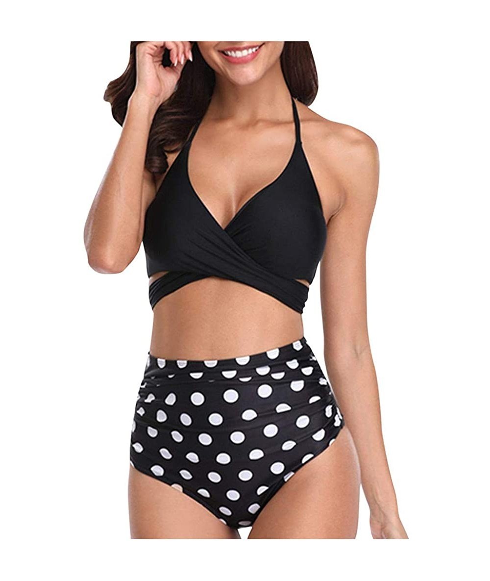 Board Shorts Women Swimsuit Halter Bandage Wrap Bikini Set Push-Up Ruched High Waist Swimwear - Black - CN1952LYA7X $26.80