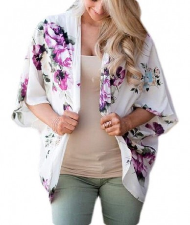 Cover-Ups Chiffon Floral Beach Cover Up Short Sleeve Cardigan Kimono Blouse Top - 10 - CB199UWAGHN $32.29