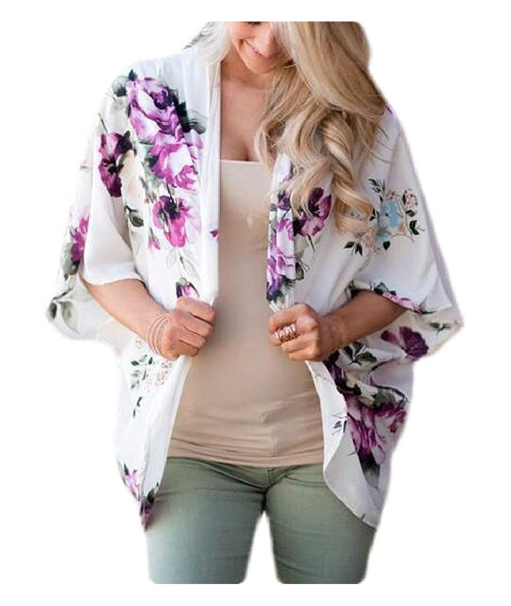 Cover-Ups Chiffon Floral Beach Cover Up Short Sleeve Cardigan Kimono Blouse Top - 10 - CB199UWAGHN $32.29