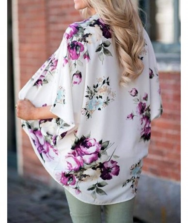 Cover-Ups Chiffon Floral Beach Cover Up Short Sleeve Cardigan Kimono Blouse Top - 10 - CB199UWAGHN $32.29