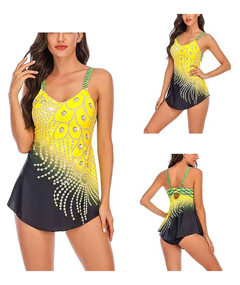 Racing Womens Feather Sequins Print Tankini Swimwear Two Piece Set Tummy Control Swimming Bathing Suit Swimsuits Yellow - CU1...