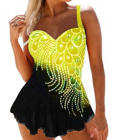 Racing Womens Feather Sequins Print Tankini Swimwear Two Piece Set Tummy Control Swimming Bathing Suit Swimsuits Yellow - CU1...