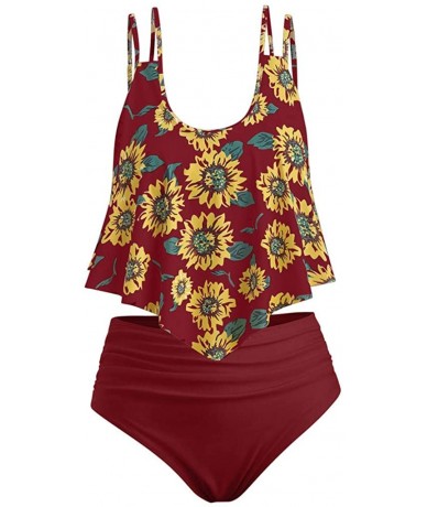 One-Pieces Women's Bikini 2Pc Ruffled Swimsuits Tankini Set - A-0 Wine Red - CJ18SN3C8LY $42.40