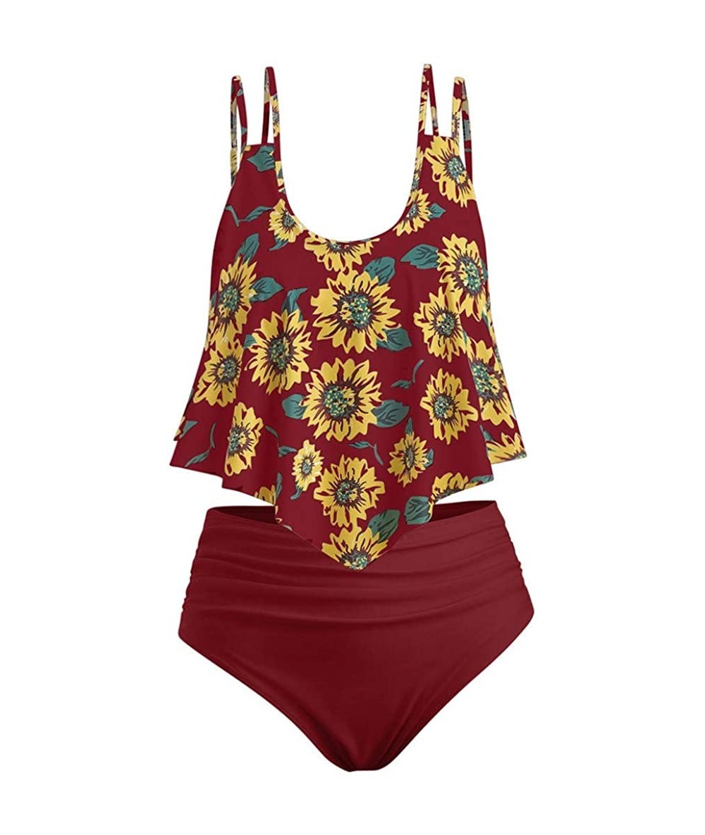 One-Pieces Women's Bikini 2Pc Ruffled Swimsuits Tankini Set - A-0 Wine Red - CJ18SN3C8LY $42.40