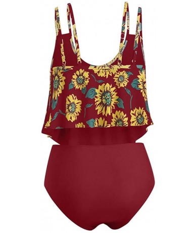 One-Pieces Women's Bikini 2Pc Ruffled Swimsuits Tankini Set - A-0 Wine Red - CJ18SN3C8LY $42.40