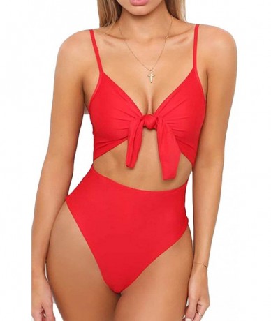 One-Pieces Womens Tie Knot Front Bikini Spaghetti Strap Cut Out High Waist One Piece Brazilian Swimsuits - Red - CN18EDNK3OL ...