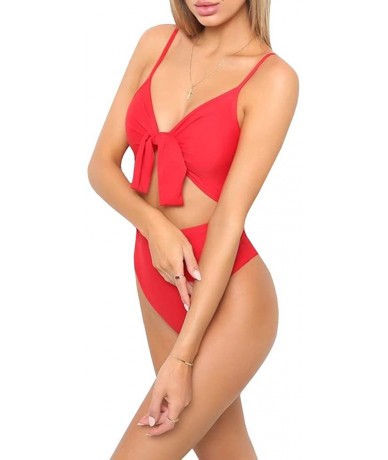 One-Pieces Womens Tie Knot Front Bikini Spaghetti Strap Cut Out High Waist One Piece Brazilian Swimsuits - Red - CN18EDNK3OL ...