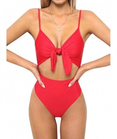 One-Pieces Womens Tie Knot Front Bikini Spaghetti Strap Cut Out High Waist One Piece Brazilian Swimsuits - Red - CN18EDNK3OL ...