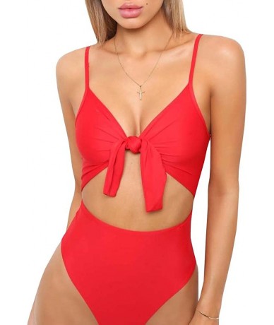 One-Pieces Womens Tie Knot Front Bikini Spaghetti Strap Cut Out High Waist One Piece Brazilian Swimsuits - Red - CN18EDNK3OL ...