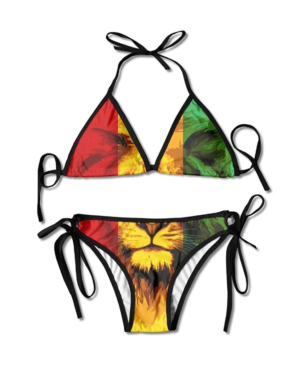 Sets Womens Sexy Reggae Rasta Flag Lion Two Piece Swimsuit Bathing Suit Bikini Set - Black - CS18EICQ88W $47.34