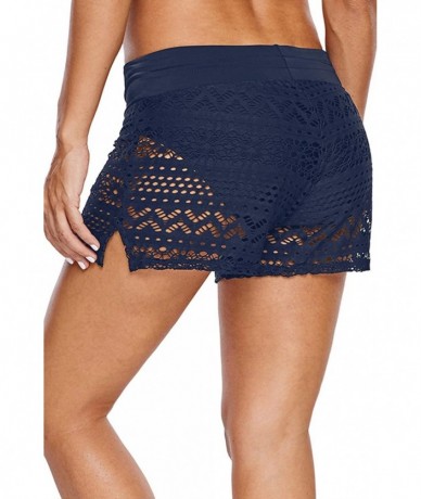 Tankinis Women High Waist Swim Bottom Waistband Laser Cut Swim Short with Panty Navy-Lace L - CC1962INZTZ $24.68