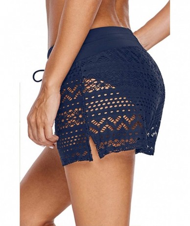 Tankinis Women High Waist Swim Bottom Waistband Laser Cut Swim Short with Panty Navy-Lace L - CC1962INZTZ $24.68