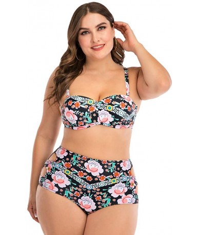 Sets Plus Size Womens High-Waisted Bikini Set Two Pieces Beach Swimwear Bathing Suit Swimsuits - 018 Black - CI194DTRT45 $27.69