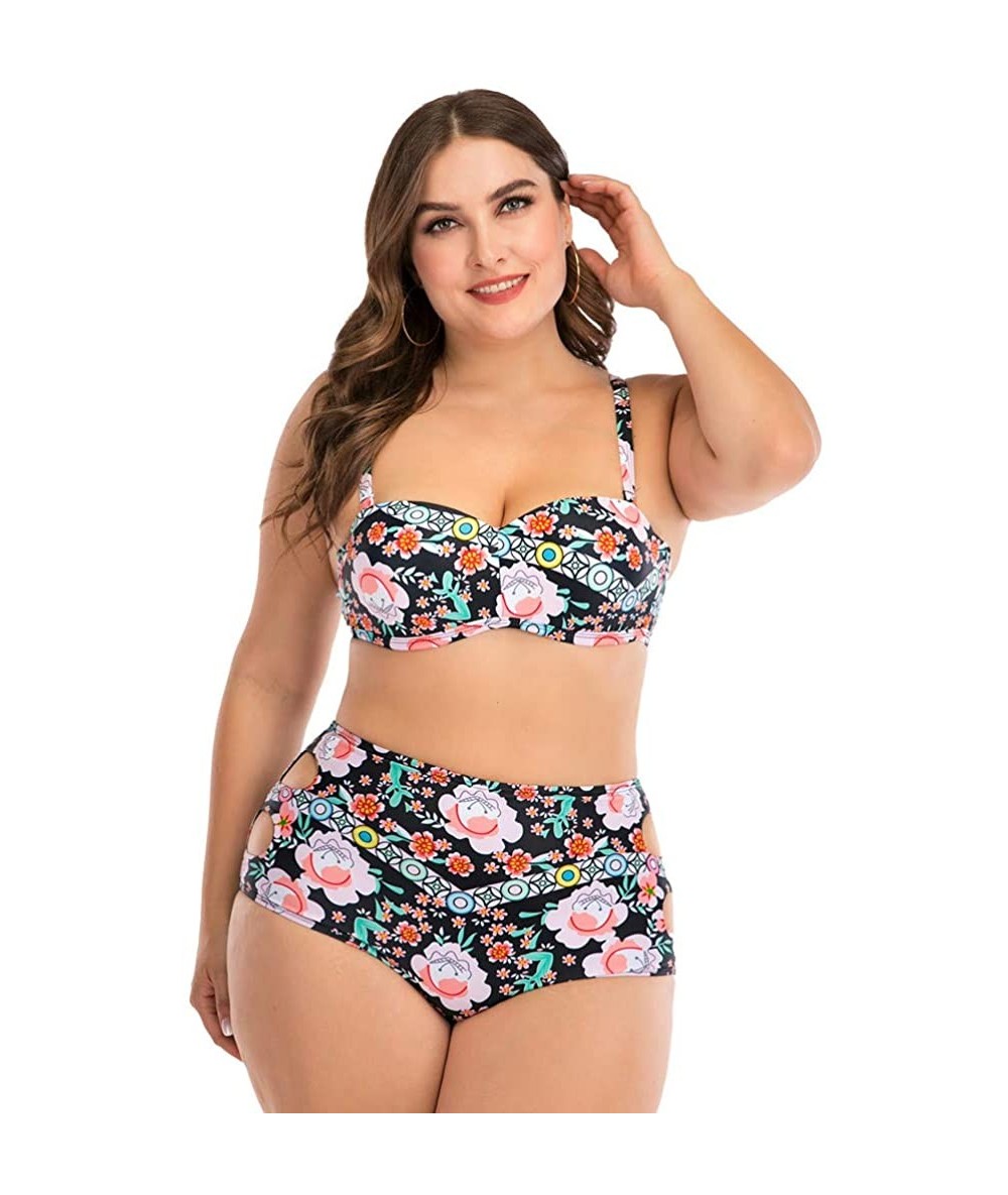 Sets Plus Size Womens High-Waisted Bikini Set Two Pieces Beach Swimwear Bathing Suit Swimsuits - 018 Black - CI194DTRT45 $27.69