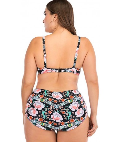 Sets Plus Size Womens High-Waisted Bikini Set Two Pieces Beach Swimwear Bathing Suit Swimsuits - 018 Black - CI194DTRT45 $27.69