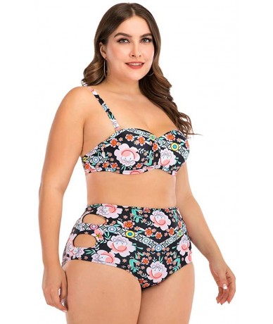 Sets Plus Size Womens High-Waisted Bikini Set Two Pieces Beach Swimwear Bathing Suit Swimsuits - 018 Black - CI194DTRT45 $27.69