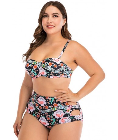 Sets Plus Size Womens High-Waisted Bikini Set Two Pieces Beach Swimwear Bathing Suit Swimsuits - 018 Black - CI194DTRT45 $27.69