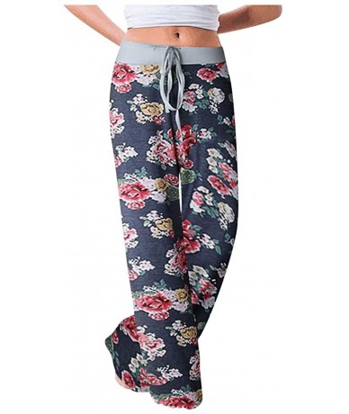 Tankinis Women's Comfy Casual Pajama Pants Floral Print Drawstring Palazzo Lounge Pants Wide Leg - M7-dark Blue - CC198GE460Q...