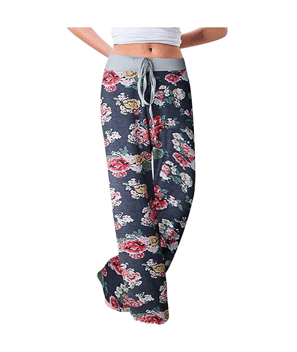 Tankinis Women's Comfy Casual Pajama Pants Floral Print Drawstring Palazzo Lounge Pants Wide Leg - M7-dark Blue - CC198GE460Q...