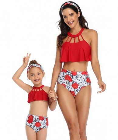 Sets Mommy and Me Ruffle Swimsuit for Women Baby Girl Halter Flounce Floral Tassel Swimwear Bathing Suit Bikini Set - Red (Ha...