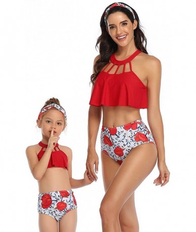 Sets Mommy and Me Ruffle Swimsuit for Women Baby Girl Halter Flounce Floral Tassel Swimwear Bathing Suit Bikini Set - Red (Ha...