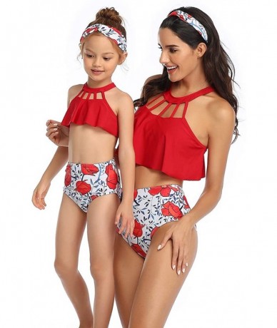 Sets Mommy and Me Ruffle Swimsuit for Women Baby Girl Halter Flounce Floral Tassel Swimwear Bathing Suit Bikini Set - Red (Ha...