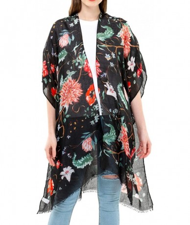 Cover-Ups Women's Kimono Lightweight Beach Cover Up Chiffon Cardigan Sun Protective Summer Dress Floral Blouse Beachwear - Bl...