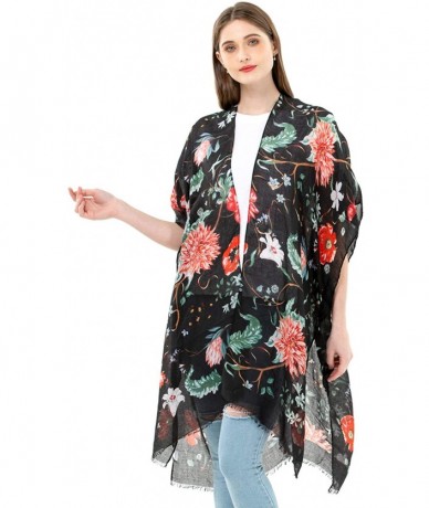 Cover-Ups Women's Kimono Lightweight Beach Cover Up Chiffon Cardigan Sun Protective Summer Dress Floral Blouse Beachwear - Bl...