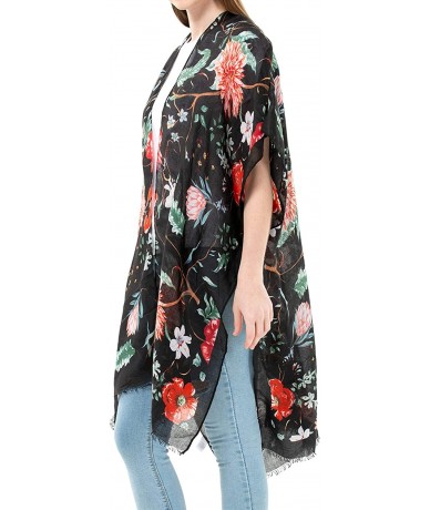 Cover-Ups Women's Kimono Lightweight Beach Cover Up Chiffon Cardigan Sun Protective Summer Dress Floral Blouse Beachwear - Bl...